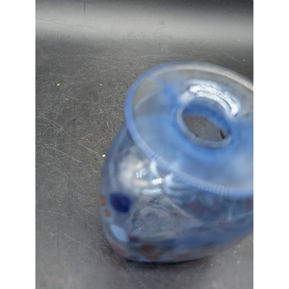 Hand Blown Blue Confetti Art Glass Bud Vase Squared Bulbous Studio Glass 3in